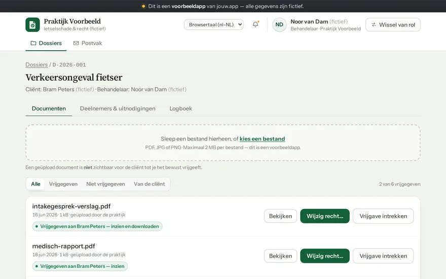 Schermafbeelding van het cliëntenportaal: per document of de cliënt het mag inzien of downloaden